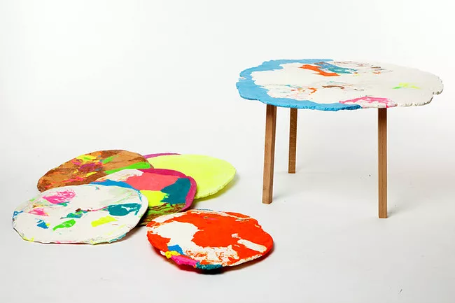 Stephen Johnson created synthetic dough for this colorful tabletop in the new Play collection for Decode.<div id='_mcePaste'>