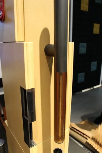 A collaboration between 12th Avenue Iron and Olson Kundig Architects, The Tom Kundig Collection presented several new hardware designs, including a perforated steel tube light pendant, a door pull fab