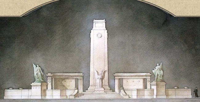 Detail of a Park of Remembrance proposal, a classical design that would include a Rose Garden and allegorical statues of Grief and Gratitude.