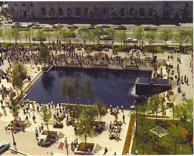 Pershing Park, designed by M. Paul Friedberg and Partners, as it appeared when it opened in 1981. The park will be replaced by a new World War I memorial.