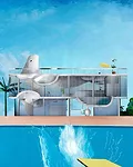 For the exhibition, Jimenez Lai of Bureau Spectacular presents playful caricatures of homes based on L.A. life.