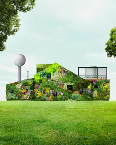 For the exhibition, Jimenez Lai of Bureau Spectacular presents playful caricatures of homes based on L.A. life.