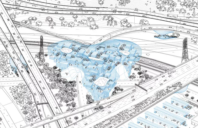 LOHA proposes houses outfitted with large-scale sponges and bladders that could trap water and deposit it directly into an aquifer. Shown here is a design for a transportation hub. <br /><div id='_mc