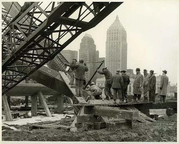 Group of Men at Base of Civic Arena, 1960-61.