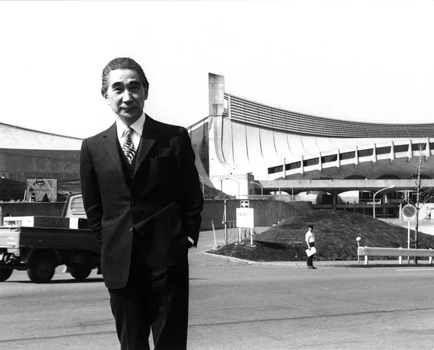 Architect Kenzo tange in front of his Olympic Stadium in Tokyo, 1964.