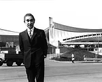 Architect Kenzo tange in front of his Olympic Stadium in Tokyo, 1964.