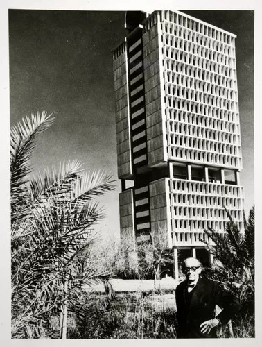 Walter Gropius and the office tower of the University of Bagdhad, 1967.