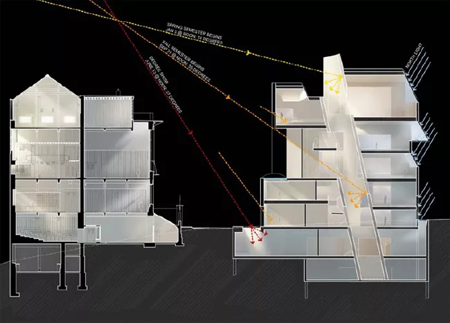 Holl's 121,000-square-foot building will contain studios, seminar rooms, a lecture hall, student galleries, and an interpretation center for the Mackintosh Building. A series of vertical shafts, which