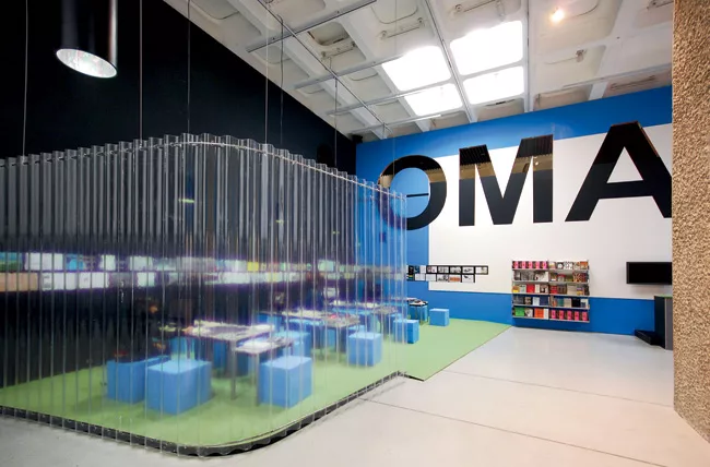 Organized by the Belgian design collective Rotor, the exhibition includes stools made from the same blue foam that OMA uses for its study-models.