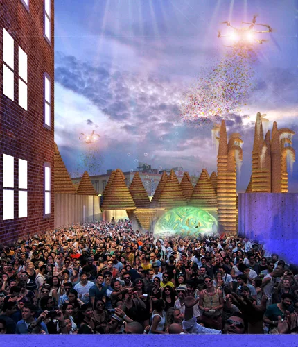 Bittertang was one of five finalists for MoMA PS1's Young Architects Program. Their scheme included conical pavilions made from hay, a frothy oozing disco ball, and confetti drones.
