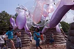 <em>Burble Bup</em>, a pavilion on New York City's Governor's Island in summer 2011, consisted of a roof of inflatable, doughnut-shaped 'Bups' lashed together with harnesses, supported by bark-filled 