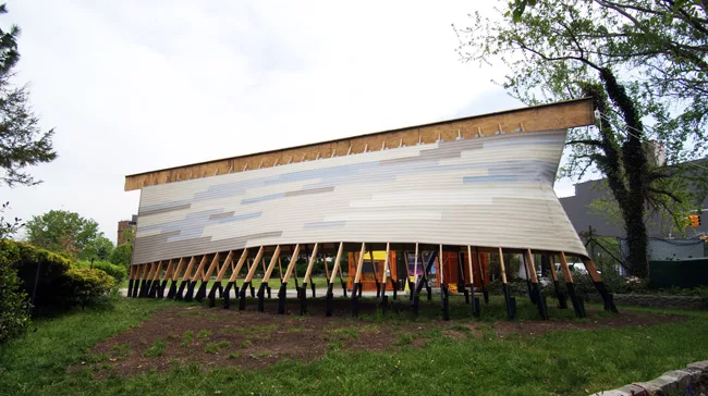 Austin+Mergold's SuralArk, a large boatlike structure made of lumber and vinyl siding, won the Architectural League's 2014 Folly competition, with the prize of a residency.