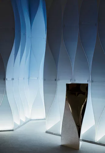 For a recent collaboration with Ford, they designed a pavilion made of corrugated plastic and mirrors that uses sensors to pulse with visitors' heartbeats.