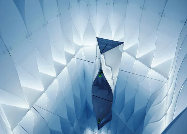 For a recent collaboration with Ford, they designed a pavilion made of corrugated plastic and mirrors that uses sensors to pulse with visitors' heartbeats.
