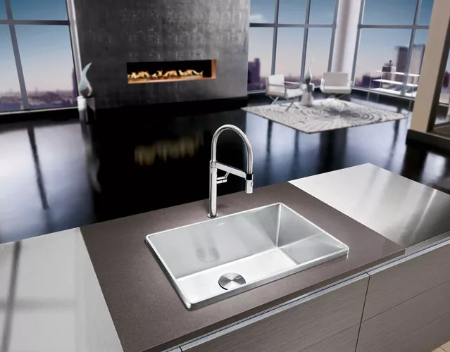 The antithesis of the discreet undermount sink, Blanco's Attika makes a bold design statement with its elevated, geometric rim, while also helping to reduce excess splashing onto adjacent work surface