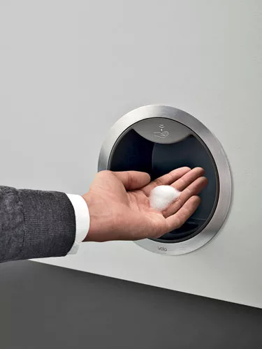 Danish manufacturer Vola has introduced RS10, a discreet in-wall dispenser that complements the brand's iconic modernist faucets. Usable with liquid or foam soap, the unit measures 7¼” in d