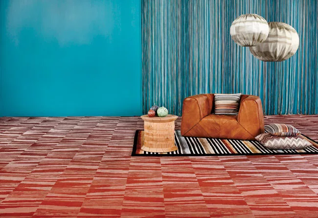 Following the success of its 2012 collaboration with fashion and home-decor company Missoni, flooring manufacturer Bolon has revamped the color palette for one of its Missoni-collection patterns. Flam