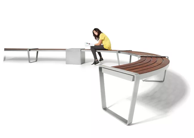 With this outdoor-bench series from Maglin, the configurations are endless, from straight rows to circular and serpentine compositions. The line consists of straight or arced seats in perforated steel