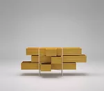 A horizontal sliding drawer cabinet in larch wood and a steel structure with matte white varnish.
