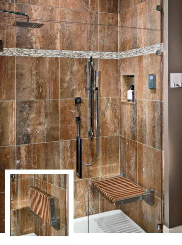 Handcrafted and milled in the U.S. of durable teak and stainless steel, MTI's flip-up shower seat is also ADA-compliant (the ADA mounting height for the lowered seat is 17” to 19R