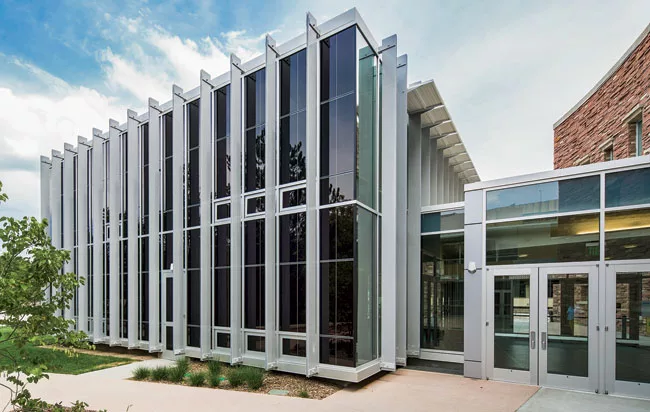 Exterior and interior views of the western facade of the Morgan Library Study Cube at Colorado State University in Fort Collins.