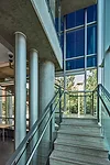 Exterior and interior views of the western facade of the Morgan Library Study Cube at Colorado State University in Fort Collins.