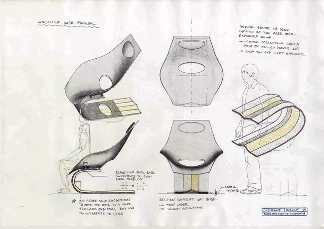 The architect’s original design, with a contiguous seat and base, would have been difficult to produce. A study for his solution divides the seat and base for strength.