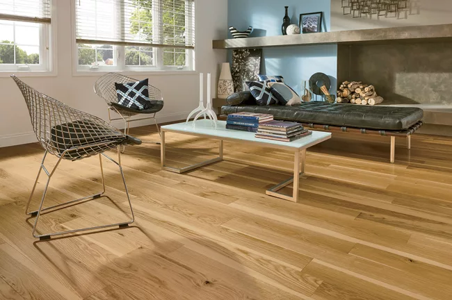 Geared toward the residential market, Midtown is an engineered-wood floor product that is manufactured by bonding together solid wood layers in a cross-ply construction over a high-density-fiberboard 