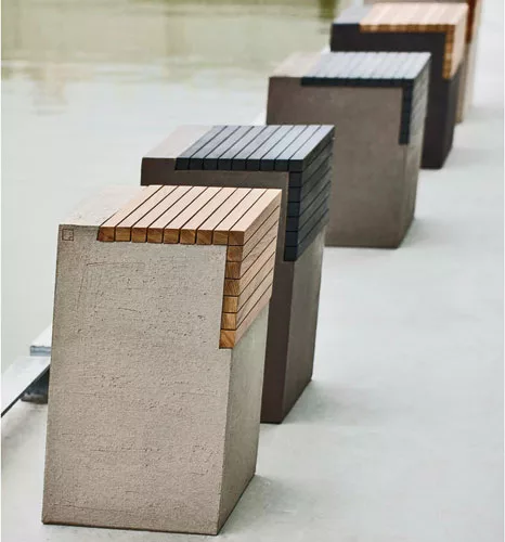 Designed by Atelier Vierkant, ZS outdoor stools are minimalist forms fashioned out of  a clay-based aggregate that can be tinted black, white, extra-white, or gray. Slatted seats, in teak or polyethyl