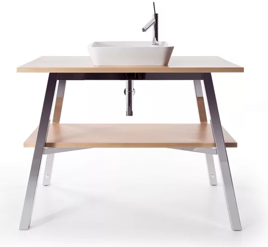 Cape Cod sink consoles are available in Vintage Oak, American Walnut, European Oak, White Beech, and high-gloss white.