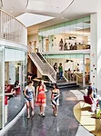 Open stairways in the double-height corridor, and floor-to-ceiling glass walls between classrooms and public spaces, create an airy yet intimate environment.