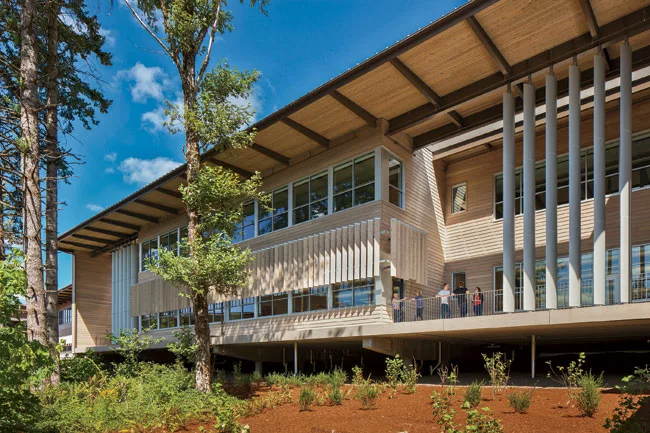 A classroom wing looks onto the wooded site and provides a large balcony where students, or even entire classes, can meet.