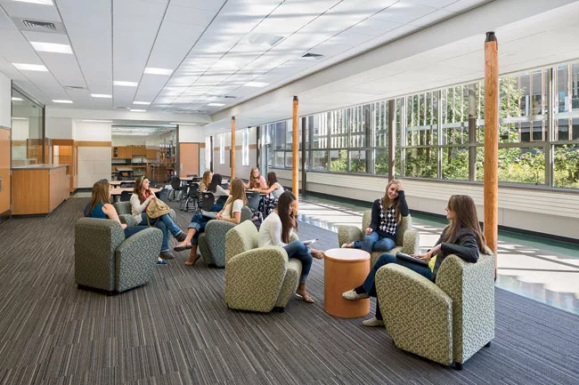 An extended-learning area serves as an extension to a cluster of five classrooms or can be a casual place for students to relax.