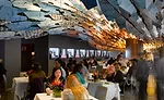 The colorful metal fin structure floats above the dining area, the bar, and the lounge. Inspiration came from Frazier's clothes.