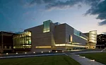 The museum addition's masses and voids energize the east elevation as well as the new entrance elevation facing north.