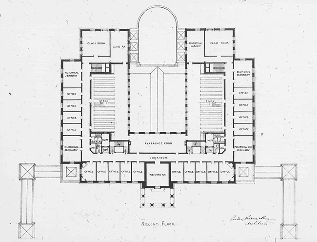 Gilman’s original configuration included a central light well bisected by a bridgelike passage and 25,000 square feet of library stacks.