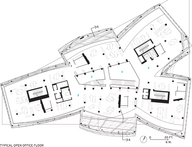 1. plaza-level lobby restaurant and caf&eacute;<br />2. office floors<br />3. atrium<br />4. auditorium<br />5. IT learning classrooms<br />6. skylight<br />7. campus green