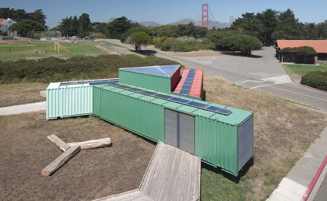 Ogrydziak/Prillinger's Triskelion is made of shipping containers. It is now installed in the Presidio, but will likely be disassembled and relocated.
