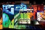 Bernard Duquay created an animated video that wraps the aluminum and glass facade of the Grande Biblioth&eacute;que, circa 2004.