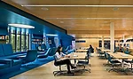 In the newly open reading room, two zones&mdash;a lounging zone rendered in blue and a studying zone characterized by wood paneling&mdash;are visually and spatially linked.