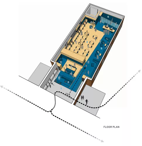 1) Entrance<br />2) Open Seating<br />3) Communal Table<br />4) Quiet Studying Zone<br />5) Lounging Zone<br />6) Recording Studio