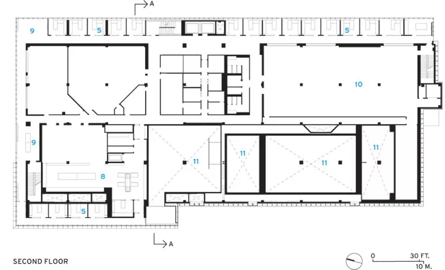 1) RIC Entry Portico<br />2) Great hall<br />3) Entrance hall<br />4) Corridor<br />5) Office<br />6) Studio<br />7) Mechanical<br />8) RIC research center<br />9) Student lounge<br />10) Studio<br />