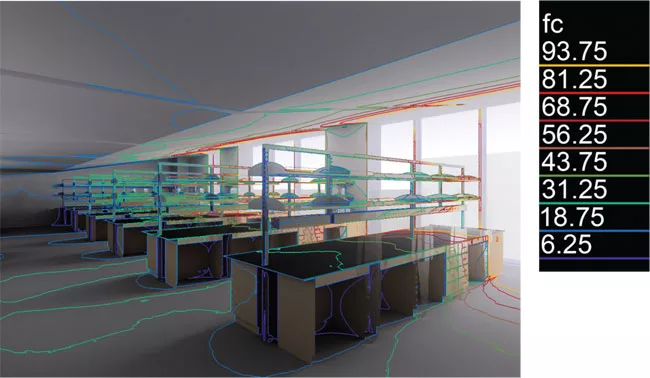 Designers arrived at the installed lighting scheme after simulating the effect of daylight coming through the laboratory windows at various times of the day and year. The simulations included studies