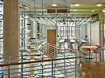 Abundant glazing, such as for classroom walls, carries daylight into the interior. Still, the lighting designers created LED ceiling fixtures and chandeliers for evening hours and to illuminate darker