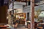 The designers dropped the ceiling over the kitchen to a height of 12 feet, painted it white, and concealed HVAC, grease traps, and plumbing above the soffit. A narrow concrete loft that houses wine st