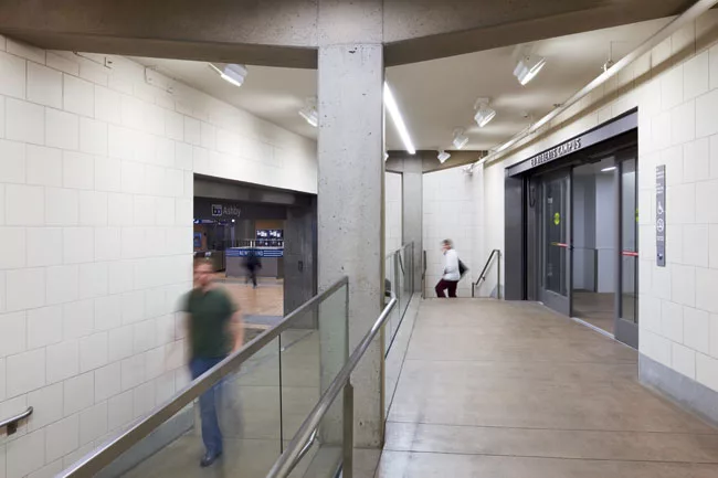 The interface with the BART station is a poured-concrete structure and provides a seamless connection with the rest of the campus. The below-grade structure also includes parking for 121 cars.