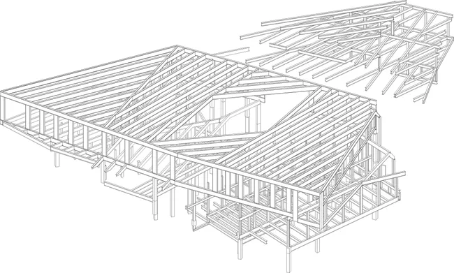 The galleries surrounding the Lightfall are composed of stacked and rotated structural systems. Vierendeel trusses, some carrying two levels and almost 30 feet deep, span as much as 110 feet.