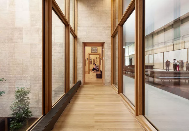 The Gallery wing is entered from the Light Court. A small enclosed garden (at left in photo) divides the block of re-created Barnes galleries.