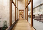 The Gallery wing is entered from the Light Court. A small enclosed garden (at left in photo) divides the block of re-created Barnes galleries.