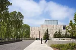 At the southeast end, OLIN's landscaping eases the transition from the Parkway to the main entrance in the back.